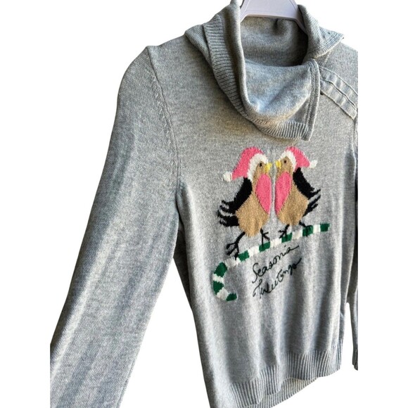 Talbots Women Sweater Medium Soft Gray "Seasons Tweetings" Birds Long Sleeve - Picture 4 of 8